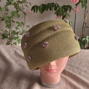 Elegant Metallic Gold Hat with Pink Crystal Butterfly Accents